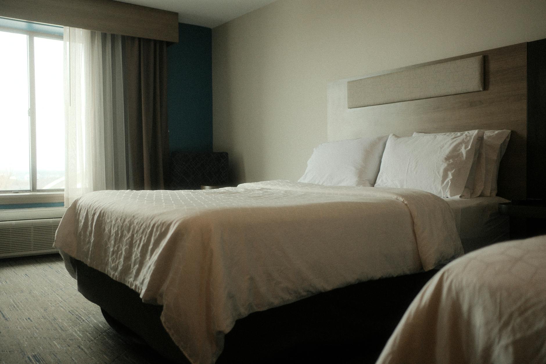 elegant hotel room with cozy bed and soft lighting